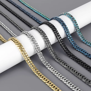 Polished stainless steel Cuban link chains in multiple colors on white display stands