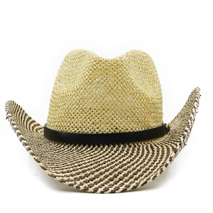 Classic straw cowboy hat with black leather band and wide brim for sun protection