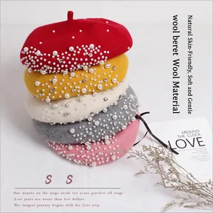 Elegant girls' wool berets with pearls and rhinestones in five various colors