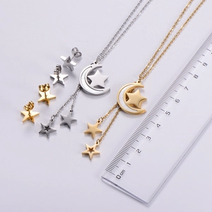 Detailed view of titanium steel star and moon jewelry set with size measurement