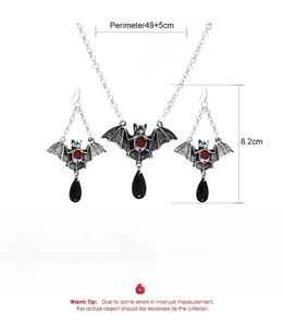 Gothic bat necklace and earrings set with red stones and black drops, 49+5cm length