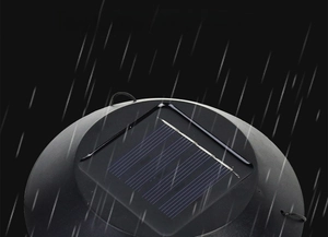Detail view of solar panel and waterproof structure on black outdoor decorative light