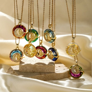 Gold Plated Stainless Steel Pendant Necklace Colorful Crystal Religious Virgin Mary Guadalupe Crescent Moon Zircon Women