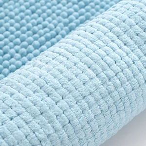 Blue chenille microfiber bath mat with absorbent textured spherical pile surface