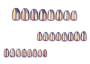 Detailed set of 24 pieces short oval aurora cat-eye press-on nails in holographic purple