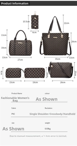 Size guide for a 6-piece tote bag set in printed PVC with detailed dimensions for each piece