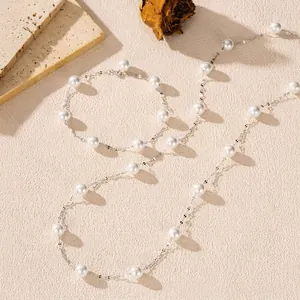 925 Sterling Silver Artificial Pearl Jewelry Set Elegant Necklace And Bracelet French Simple Style For Women Shimmering