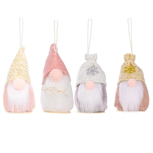 4er-Set Weihnachtsgnome-Plüschfiguren mit Strickmützen und Kunstfellbärten auf weißem Hintergrund
