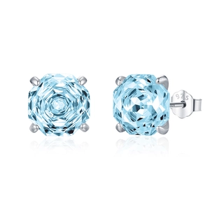 S925 sterling silver stud earrings with round aquamarine-style faceted gemstones