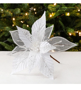 Close-up of a white glitter poinsettia with sheer mesh petals on a Christmas tree