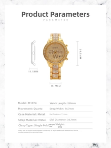 Detailed size chart for Geneva women's quartz watch with dial and band dimensions