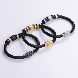 Braided black leather bracelet featuring three-color stainless steel magnetic clasps
