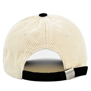Detail of the corduroy baseball cap back showing adjustable metal buckle and black strap
