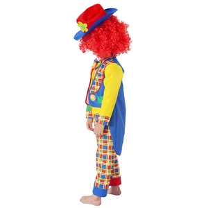 Kids clown cosplay costume with colorful checkered pants and red afro wig for circus party