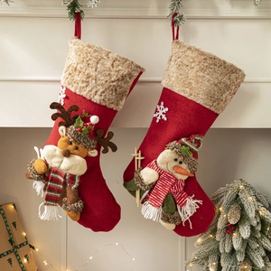 Large Christmas Stocking Hanging Gift Bag 3D Cartoon Santa Snowman Reindeer Faux Fur Cuff Plaid Fabric Holiday Fireplace Decor