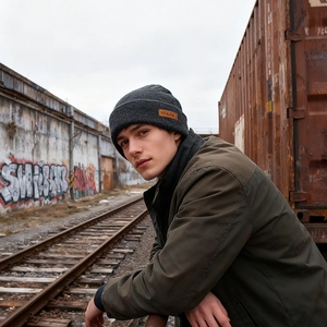 Outdoor dark grey knit beanie with leather patch in a stylish industrial setting