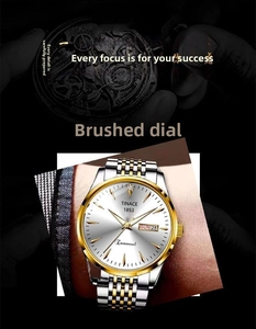 Macro shot of silver brushed dial with date and day display on luxury metal watch