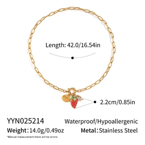 Dettaglio collana in acciaio inox 18K con ciondoli a fragola e conchiglia e misure