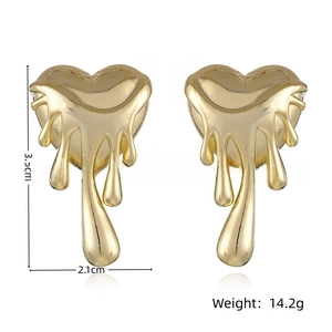 Polished gold melting heart studs measuring 3.5cm by 2.1cm with 14.2g total weight