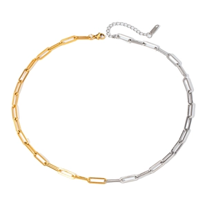Two-tone stainless steel paperclip chain necklace with gold and silver links