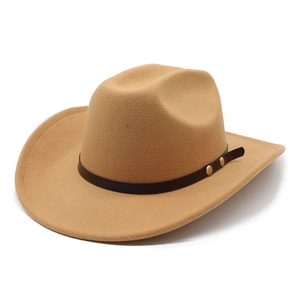 Detail of camel wool felt fedora featuring a brown leather band and gold rivet accents