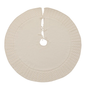 Knitted cream white Christmas tree skirt with delicate diamond crochet lace patterns