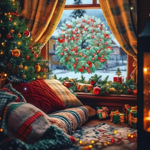 Christmas pine needle wreath with red ornaments displayed on a cozy snowy window view