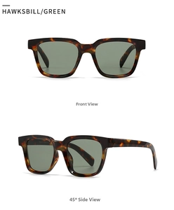 Detail view of tortoiseshell square sunglasses with dark green lenses from multiple angles
