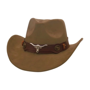 Detail of a brown suede cowboy hat featuring a silver metal bull head on a leather band