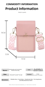 Detail view of pink mini crossbody phone bag with size 19x11x5cm and woven shoulder strap