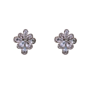 Elegant silver flower earrings with zircon water drop crystals on a clean white background