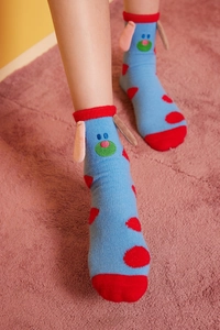 Blue coral fleece socks with cute cartoon dog ears and red polka dot patterns