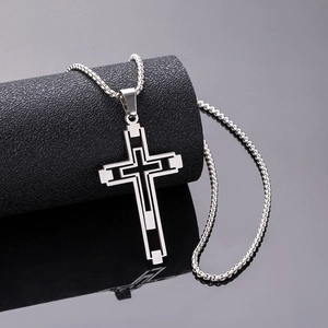 Hollow Cross Pendant Necklace Layered Design Stainless Steel Hip Hop Style Fashion Jewelry For Men