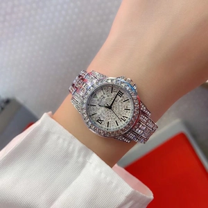 Luxury women's quartz watch with full sparkling crystals on silver stainless steel band