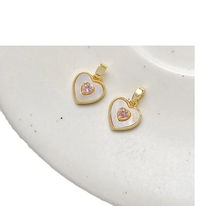 18k gold plated heart pendant with pink stone and mother of pearl inlay for jewelry making
