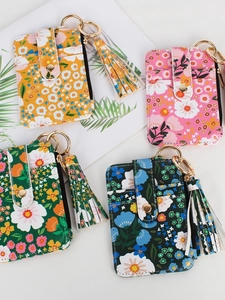 Floral print PU leather card holders with gold keychains and tassel charms in four colors