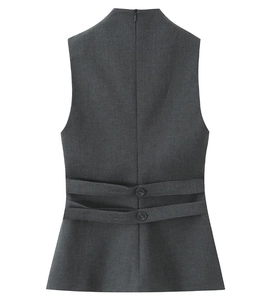 Detail of grey sleeveless vest showing back invisible zipper and adjustable waist straps