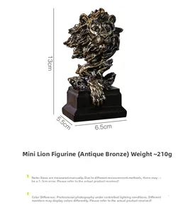 Detailansicht der bronzenen Mini-Löwenkopffigur mit präzisen Maßen und Gewichtsinformationen
