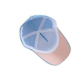 Kids shark print baseball cap in sky blue and pink, top view showing interior lining