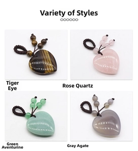Detail of four heart-shaped gemstone pendants with hand-woven cords and matching beads
