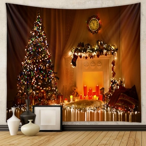Detail of Christmas tapestry featuring a cozy fireplace and festive tree wall decor