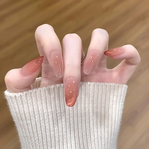 Press On Nails Cat Eye Gradient Red Chestnut Almond Shape Glossy Full Cover Fashion Manicure For Women