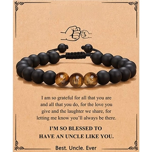 Tiger eye and matte bead bracelet displayed on a sentimental gift card for Uncle