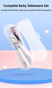Detail of 304 stainless steel toddler fork and spoon set with pink rabbit handle and storage box