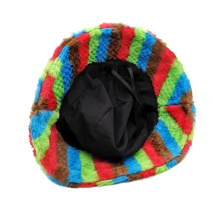 Rainbow striped faux rabbit fur bucket hat with warm plush texture and interior drawstrings