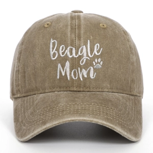 Washed khaki baseball cap featuring white Beagle Mom embroidery and paw print design