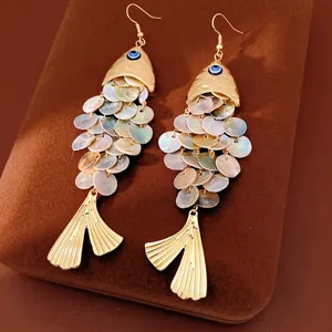 Vintage Fish Dangle Earrings With Natural Shell Scales Evil Eye Bead And Silver Earring Post Statement For Women