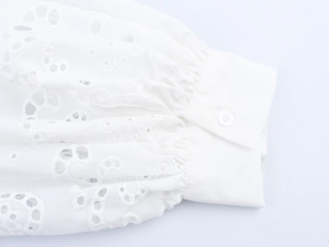 Gros plan détaillé sur une manche lanterne blanche avec broderie anglaise et bouton chic