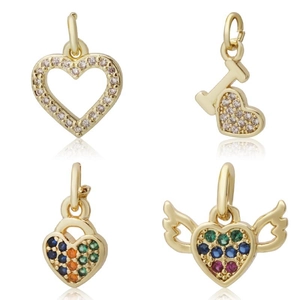 Golden DIY heart pendants with multicolored cubic zirconia for necklaces and bracelets