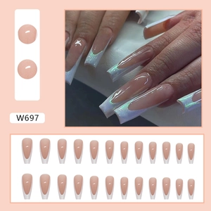 Long coffin press-on nails with white glitter gradient and French manicure design W697